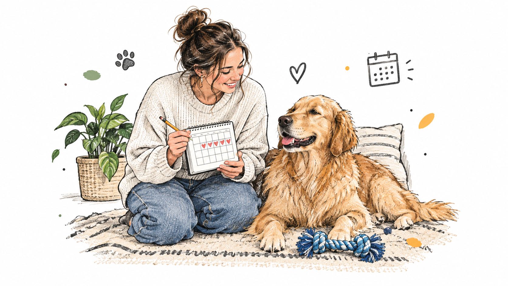 Una donna che sorride mentre tiene un calendario contrassegnato con cuori mentre siede con il suo cane golden retriever.