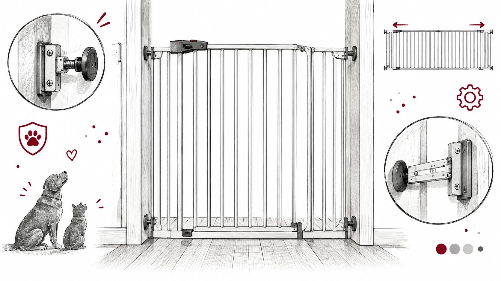 An extra long pet gate installed in a doorway with close-up views of its tension mounting hardware.