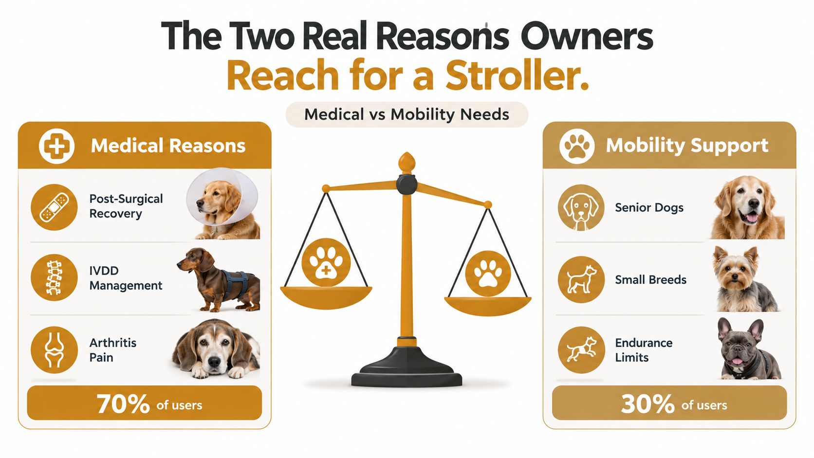A graphic showing that 70% of dog stroller users do so for medical reasons and 30% for mobility.