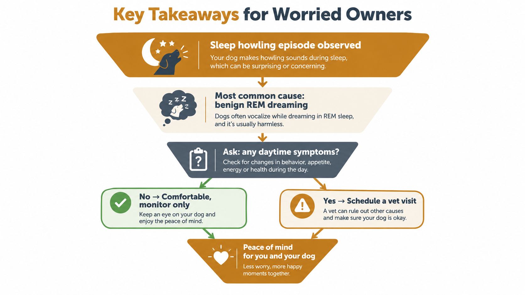 A flowchart explaining why dogs howl in their sleep, guiding owners on when to see a veterinarian.