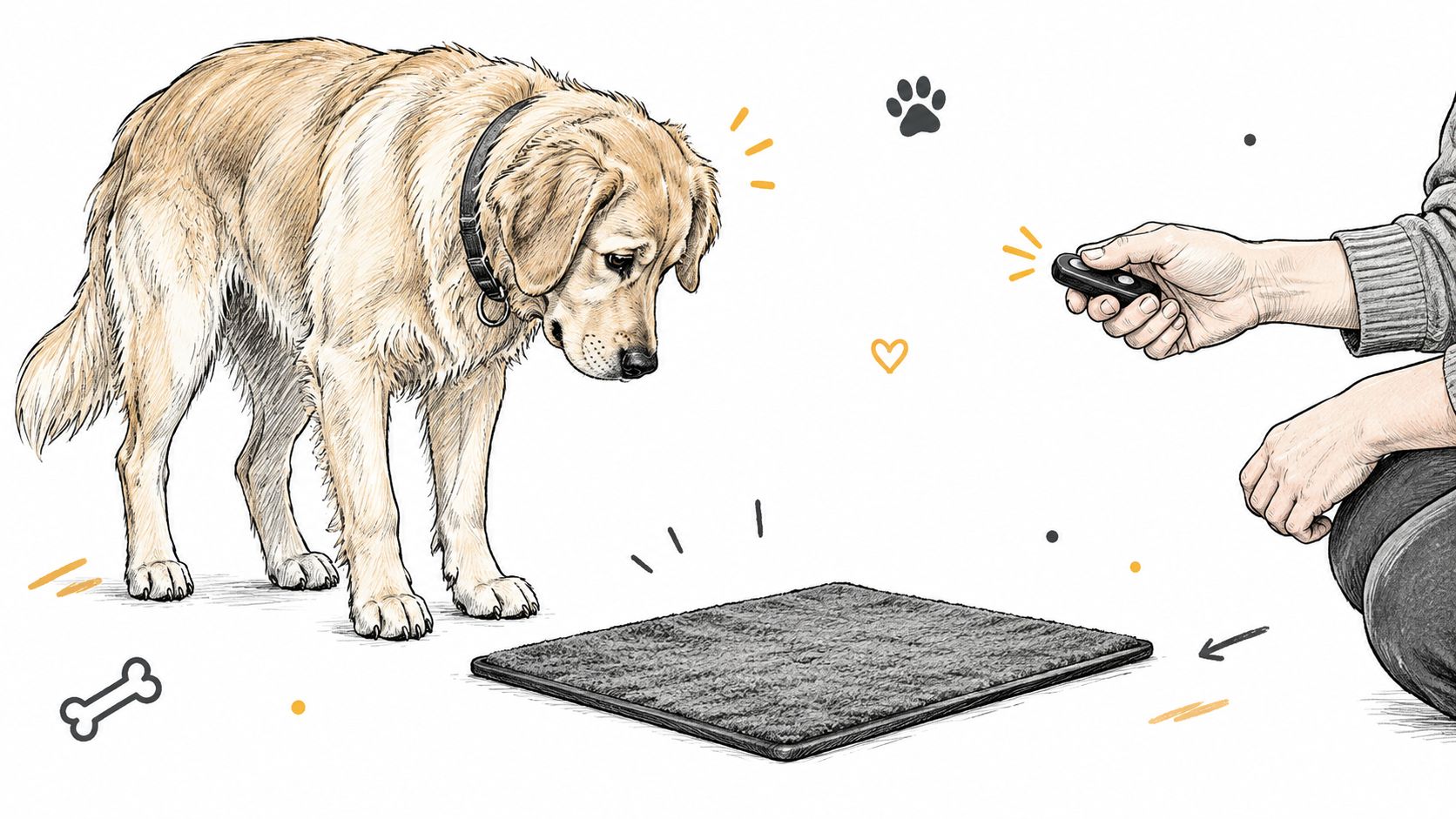 A sketched golden retriever dog looking at a training mat while a person holds a remote clicker.