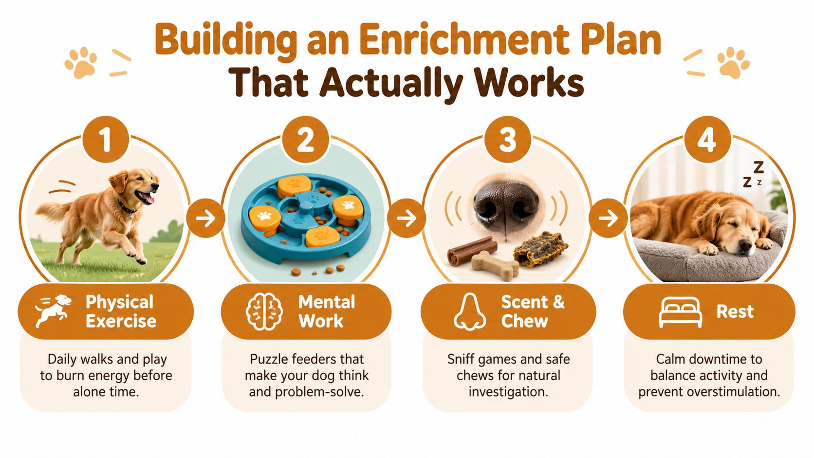 A four-step infographic illustrating an enrichment plan for keeping dogs occupied through exercise, mental puzzles, and rest.