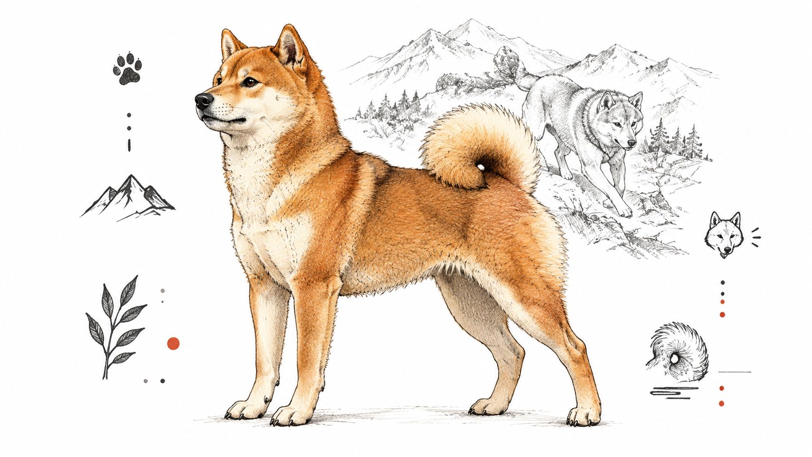 A detailed illustration of a Shiba Inu dog standing profile with a mountain background and decorative elements.