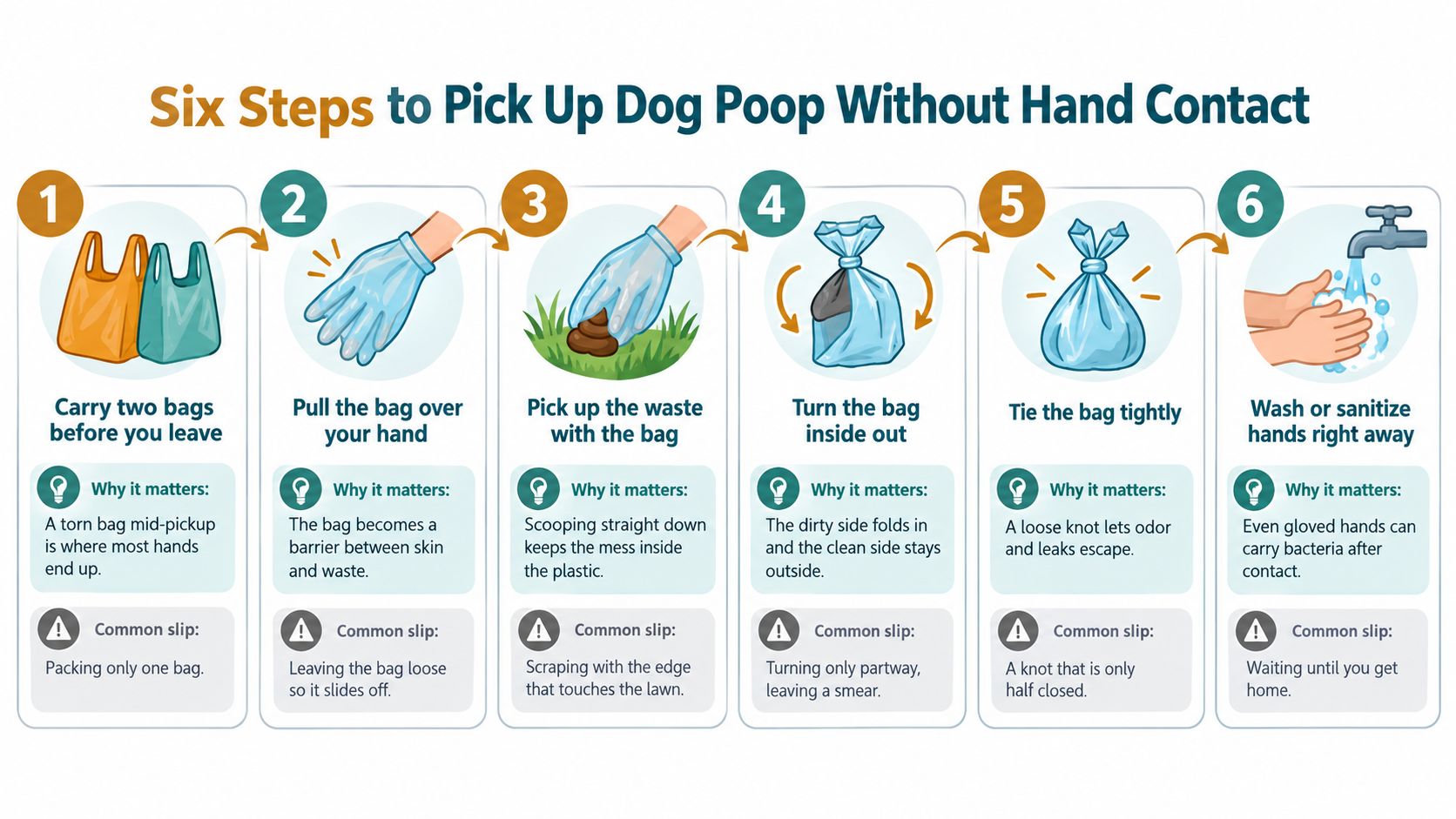 An infographic detailing six hygienic steps to pick up dog waste without making hand contact.