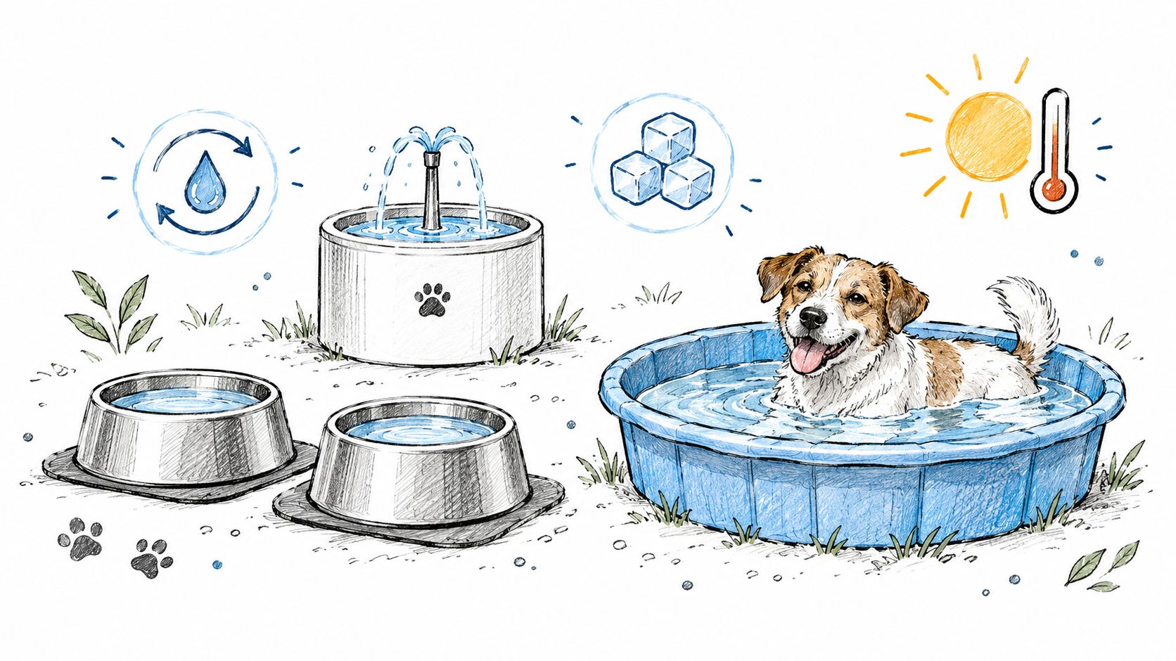 A hand-drawn illustration showing tips for keeping dogs cool in summer, including water bowls and a pool.