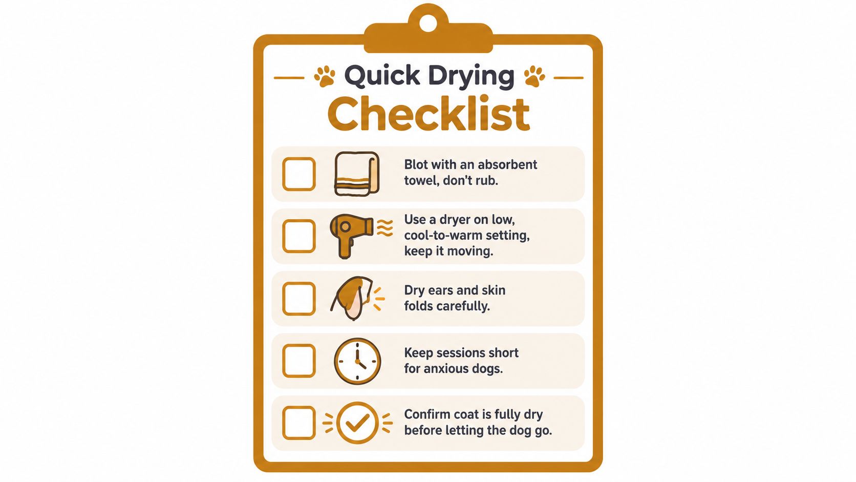 Un'infografica di checklist che illustra le istruzioni passo dopo passo per asciugare in sicurezza un cane dopo il bagno.