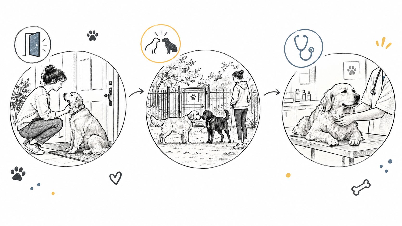 A three-part illustration showing a person interacting with a golden retriever at home, at a park, and visiting a veterinarian.