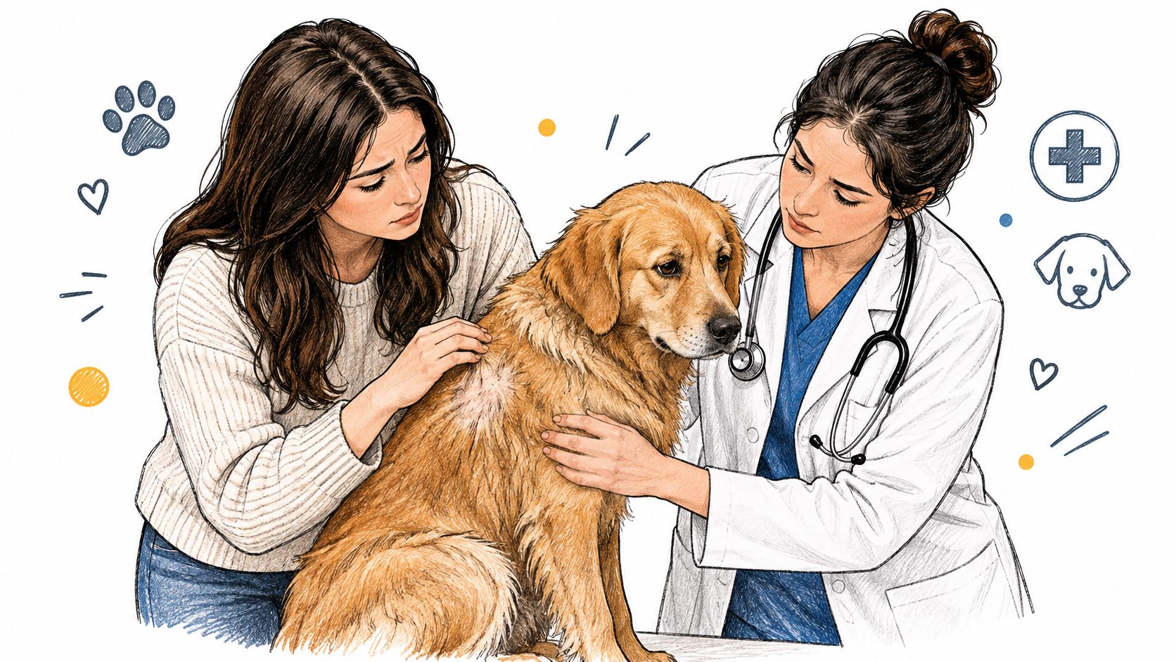 A concerned dog owner showing a skin spot on a golden retriever to a female veterinarian.