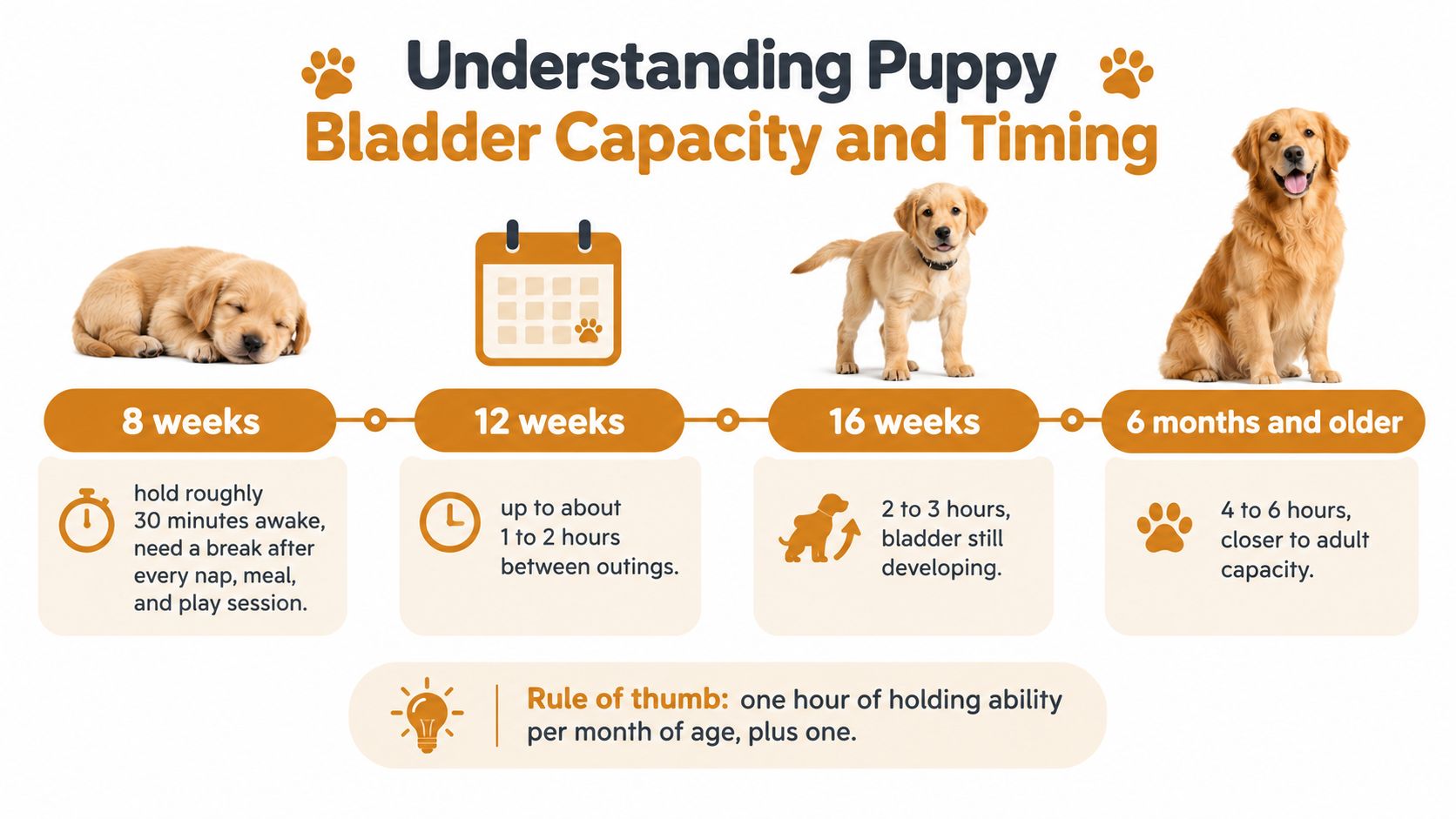 An infographic showing puppy bladder capacity and bathroom break timing based on the age of the dog.