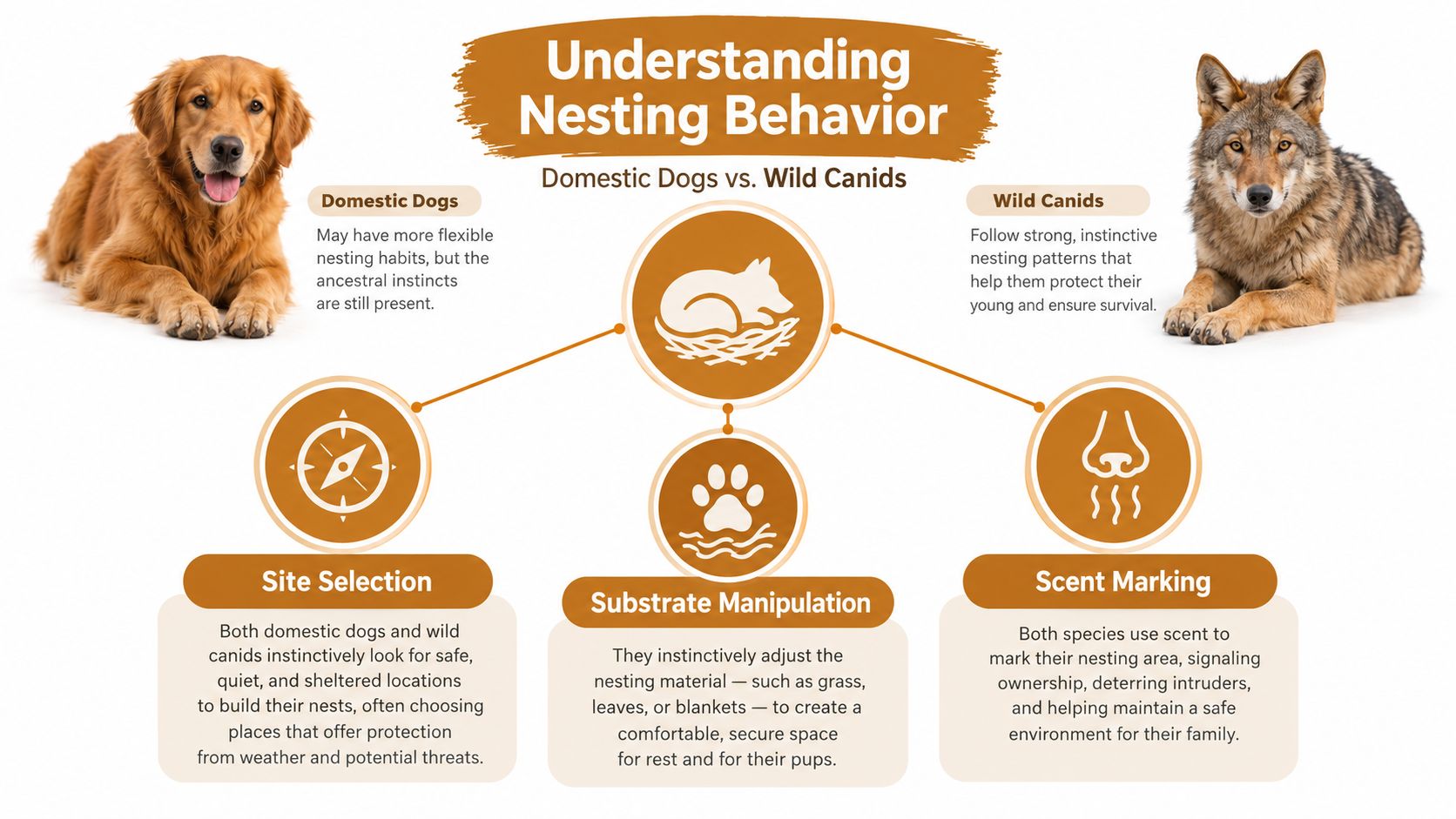 An infographic comparing nesting behaviors between domestic dogs and wild canids, highlighting shared instincts and methods.