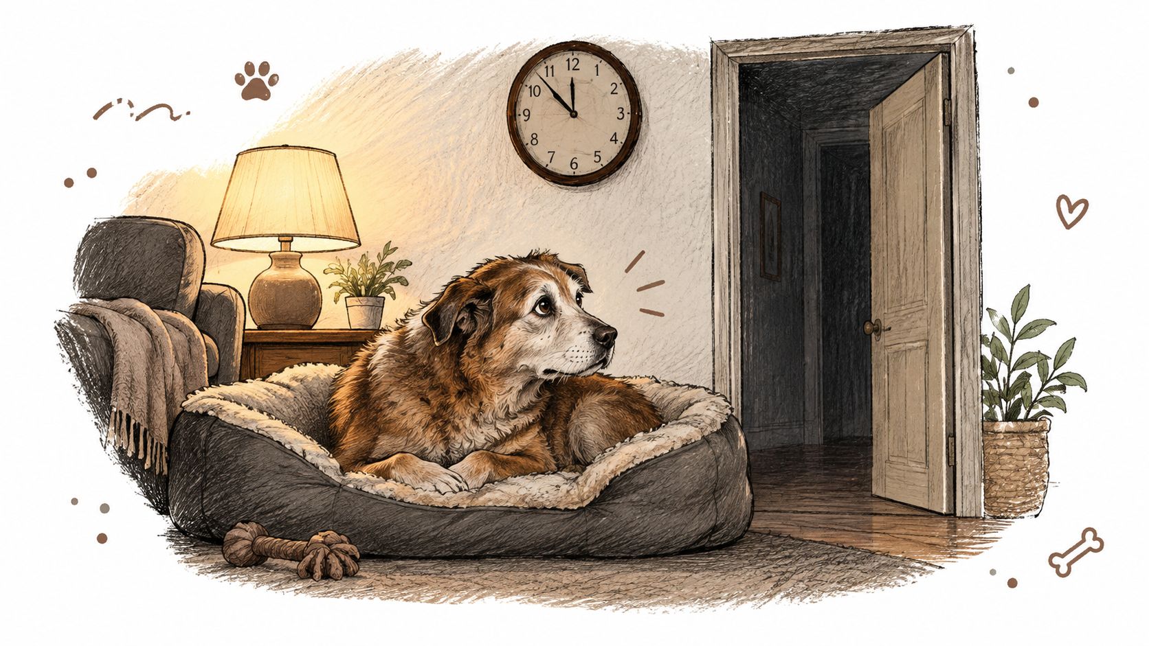A cozy illustration of a dog resting on a bed while looking toward a dark, open doorway.