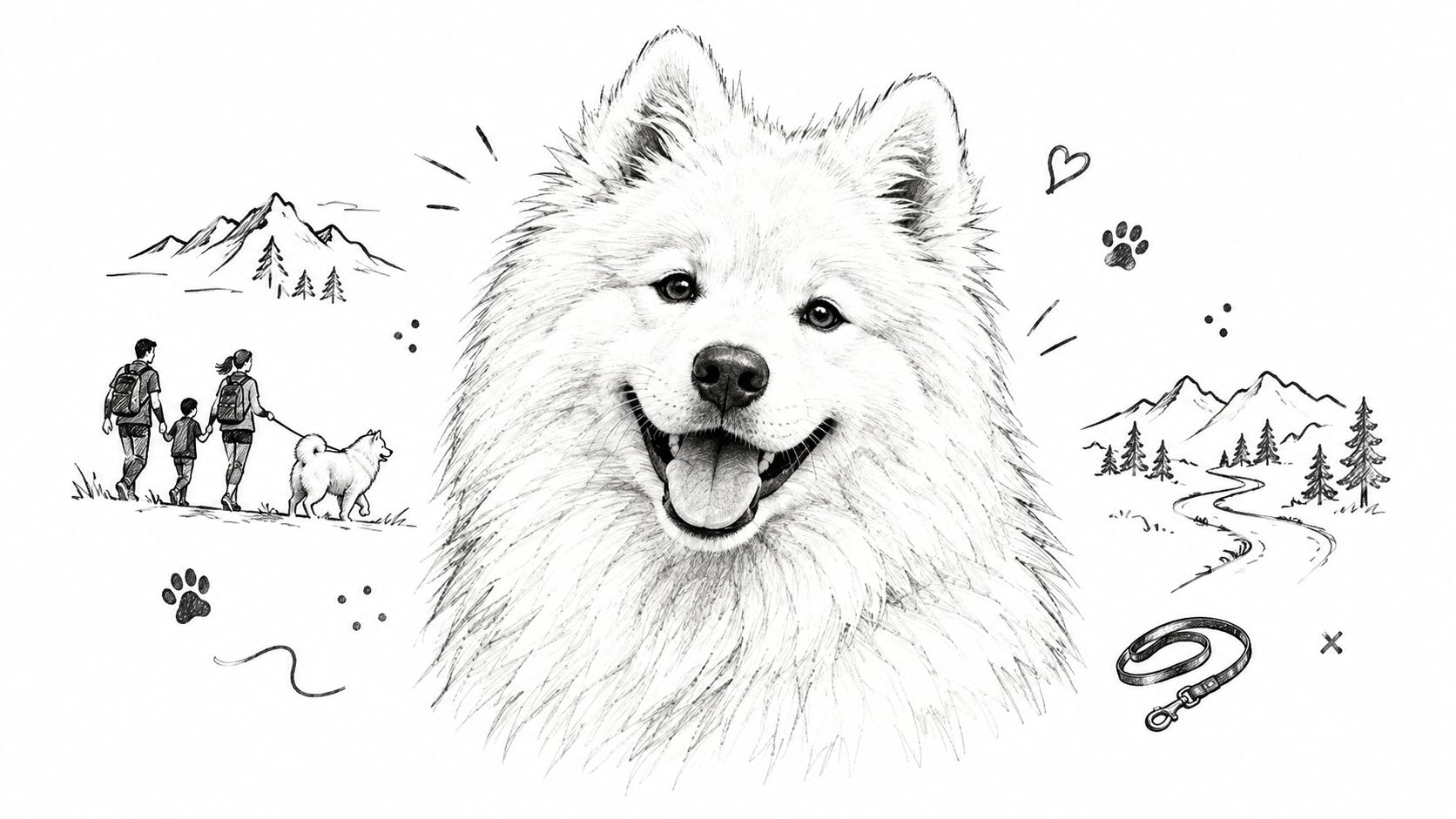 A detailed pencil sketch of a big fluffy white dog surrounded by outdoor hiking and adventure-themed doodles.