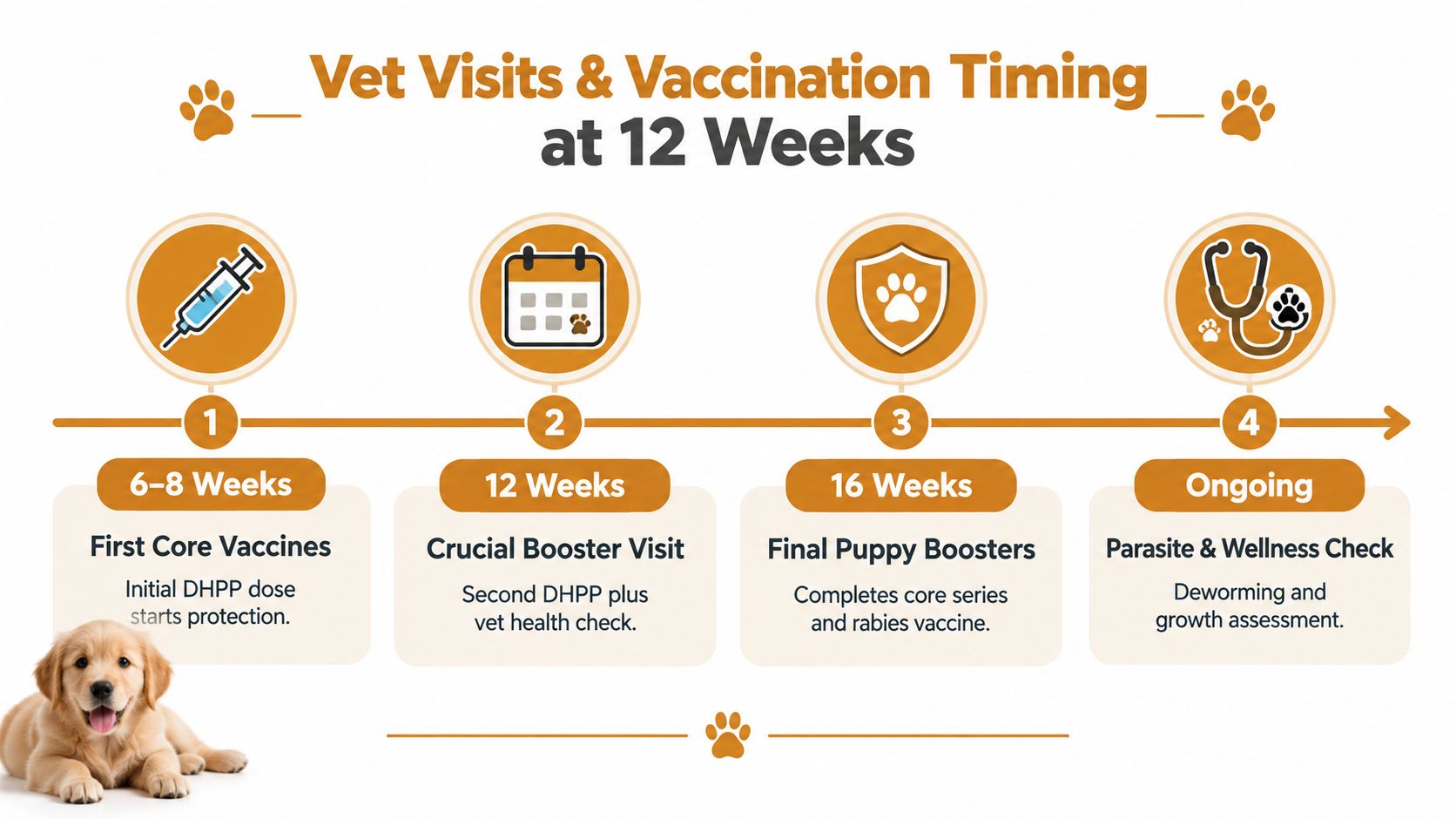 Una grafica temporale che mostra il programma consigliato per le visite veterinarie e le vaccinazioni del cucciolo da 6 settimane in poi.