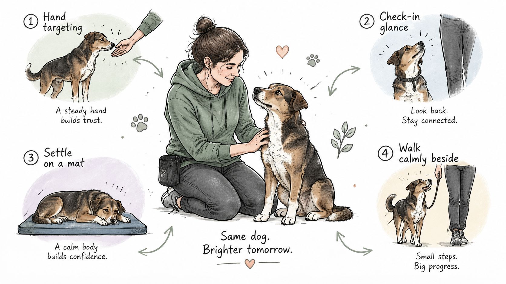 An illustration showing a person teaching a dog four steps to build confidence and trust together.