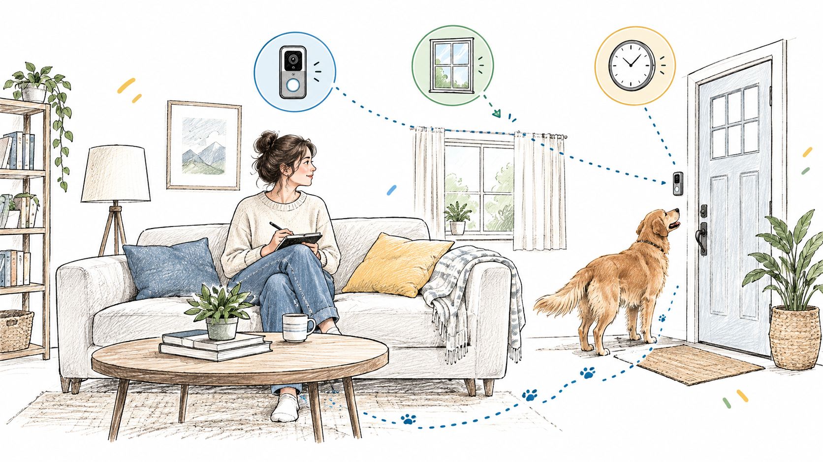 A woman sitting on a couch working while her dog waits at the door, illustrated style.