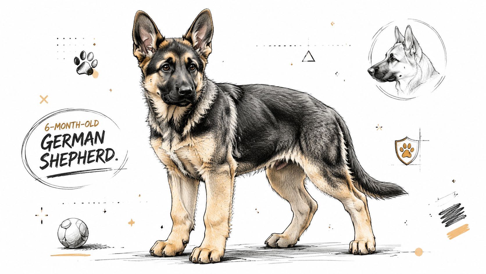 An artistic sketch of a six-month-old German Shepherd puppy standing on a white background with decorative elements.