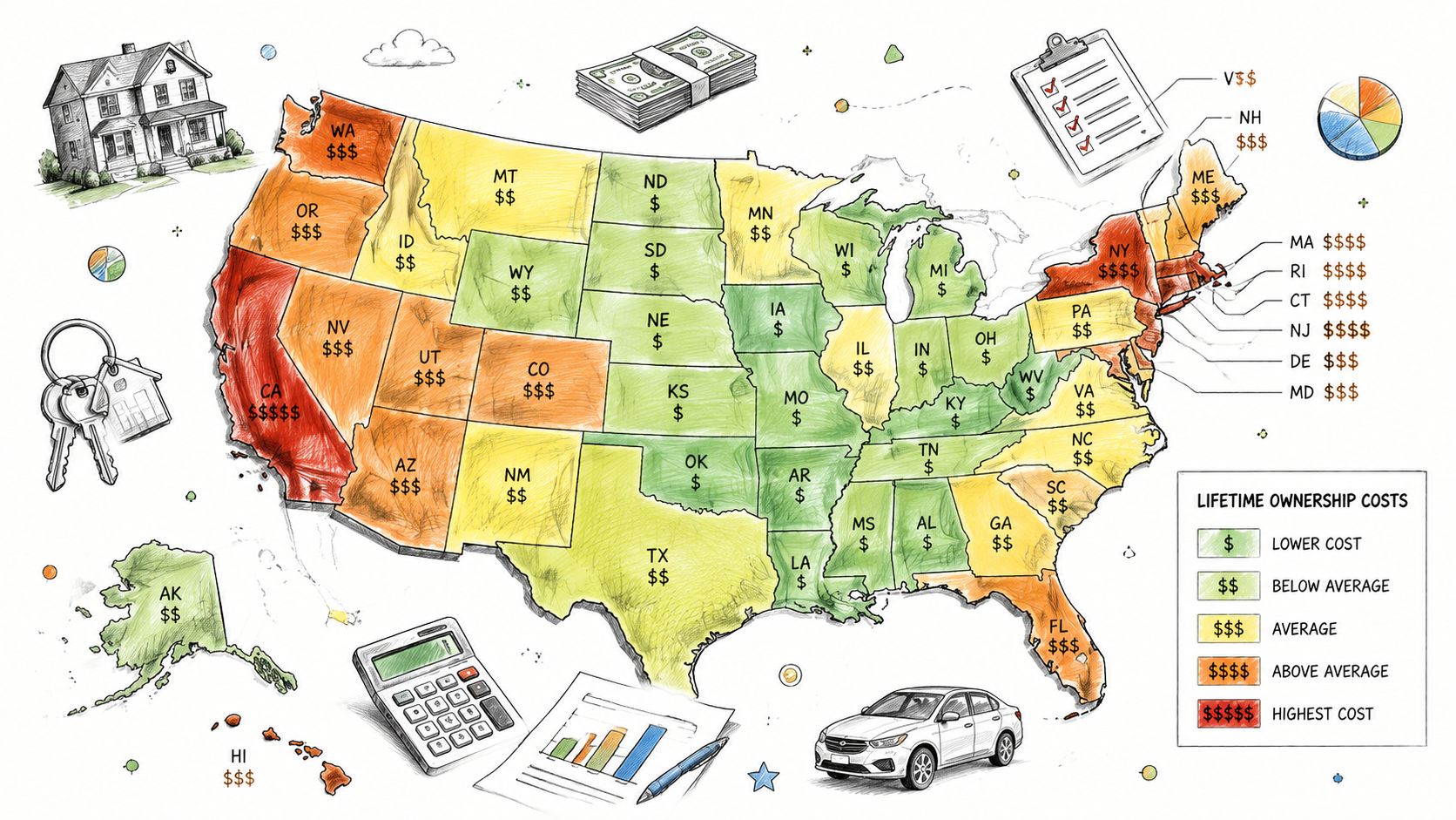 A color-coded map of the United States displaying lifetime home ownership costs across different states.