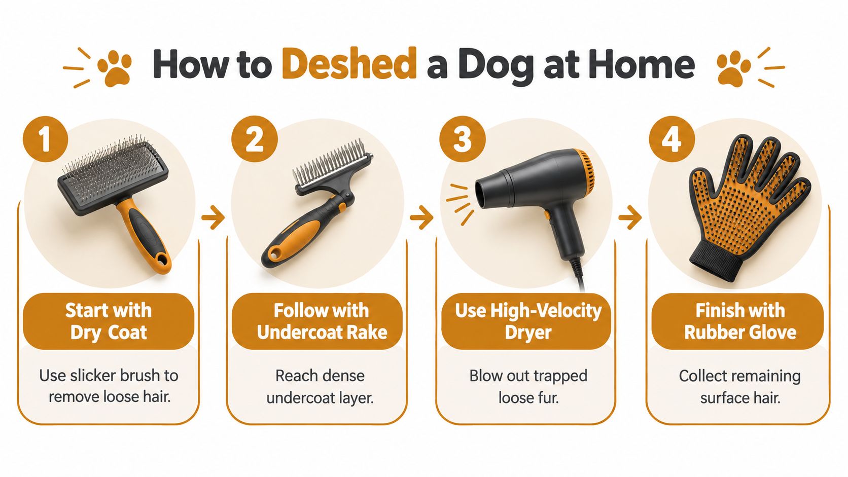 A step-by-step guide on how to deshed a dog at home using grooming tools in four stages.
