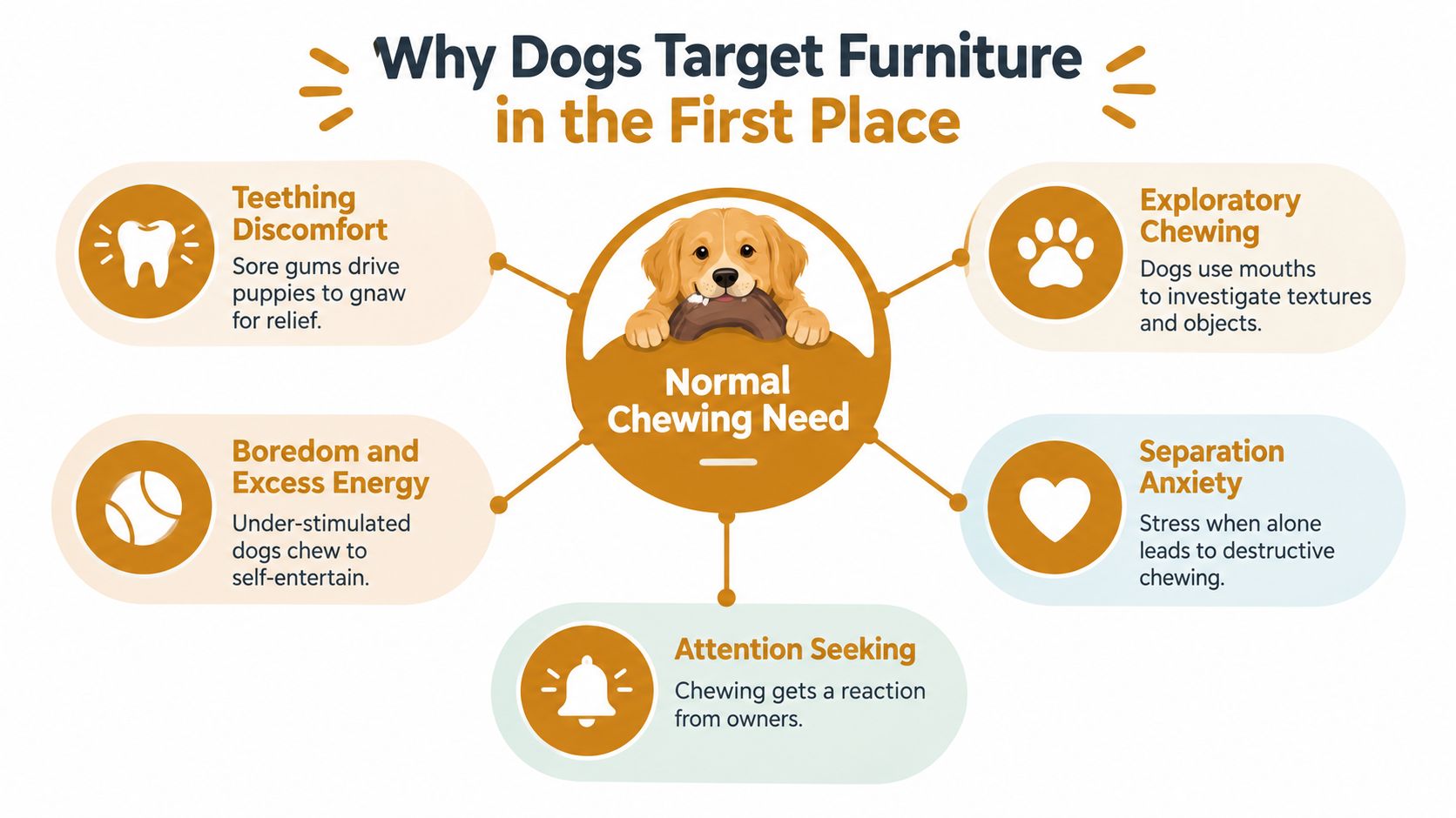 An infographic explaining the five main reasons why dogs chew on furniture, including teething, boredom, and anxiety.