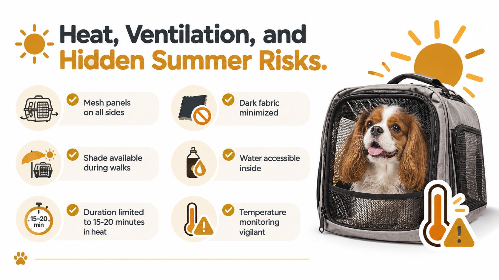 A checklist for pet safety in summer, featuring a dog inside a ventilated pet carrier outdoors.
