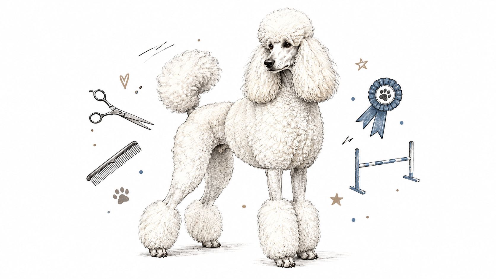 A detailed illustration of a fluffy white poodle standing proudly surrounded by grooming tools and competition icons.