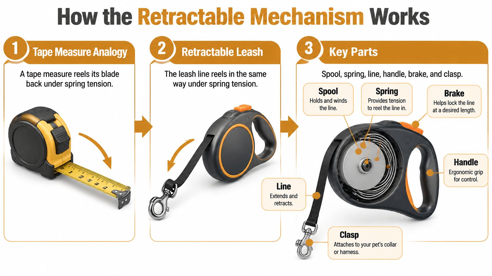 A diagram illustrating the retractable mechanism of a dog leash using a tape measure analogy.