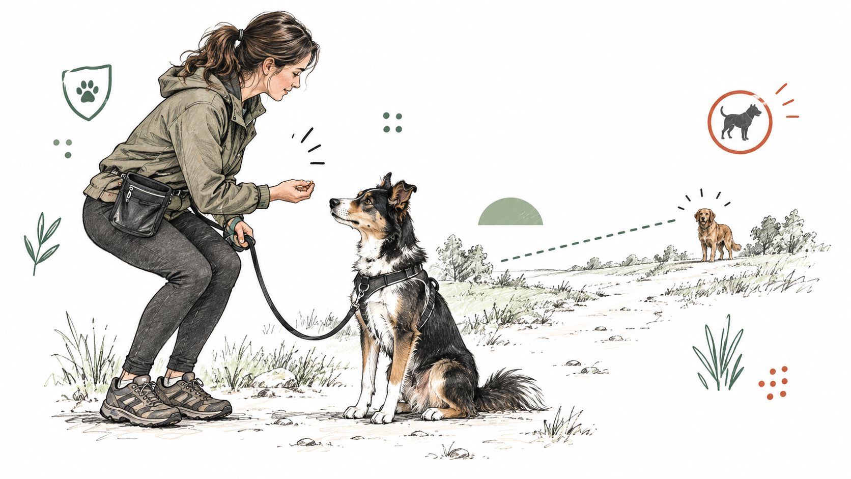 A woman training a dog that is looking at her while another dog stands in the distance.