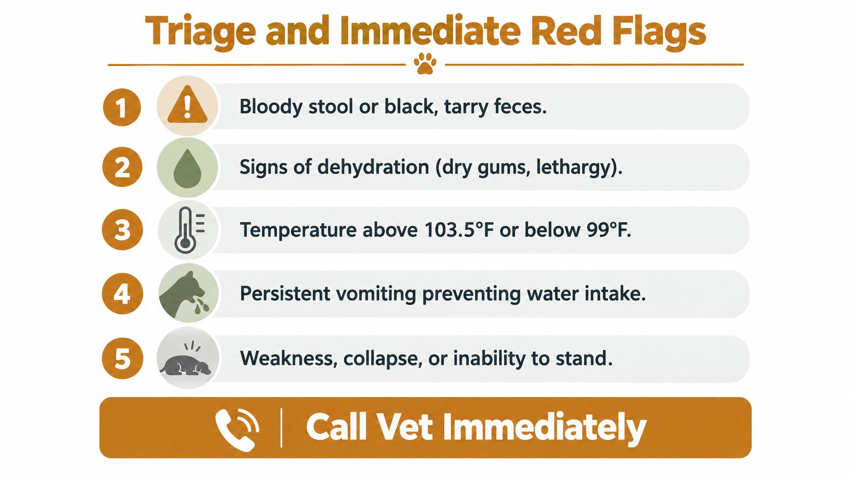 A list of five immediate red flags for pet health that indicate the need for urgent veterinary care.