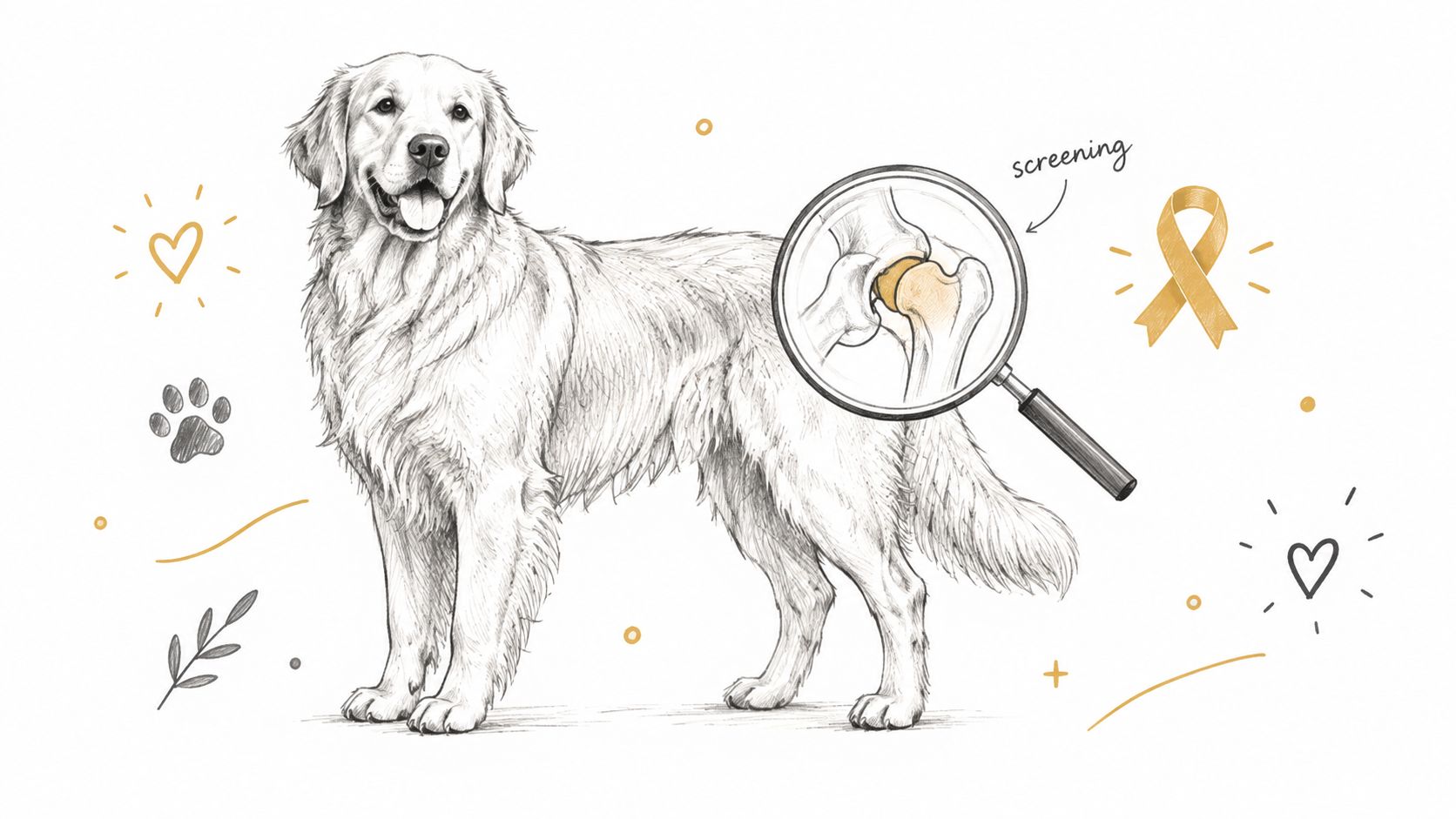 A pencil sketch of a Golden Retriever with a magnifying glass focusing on its hip joint area.