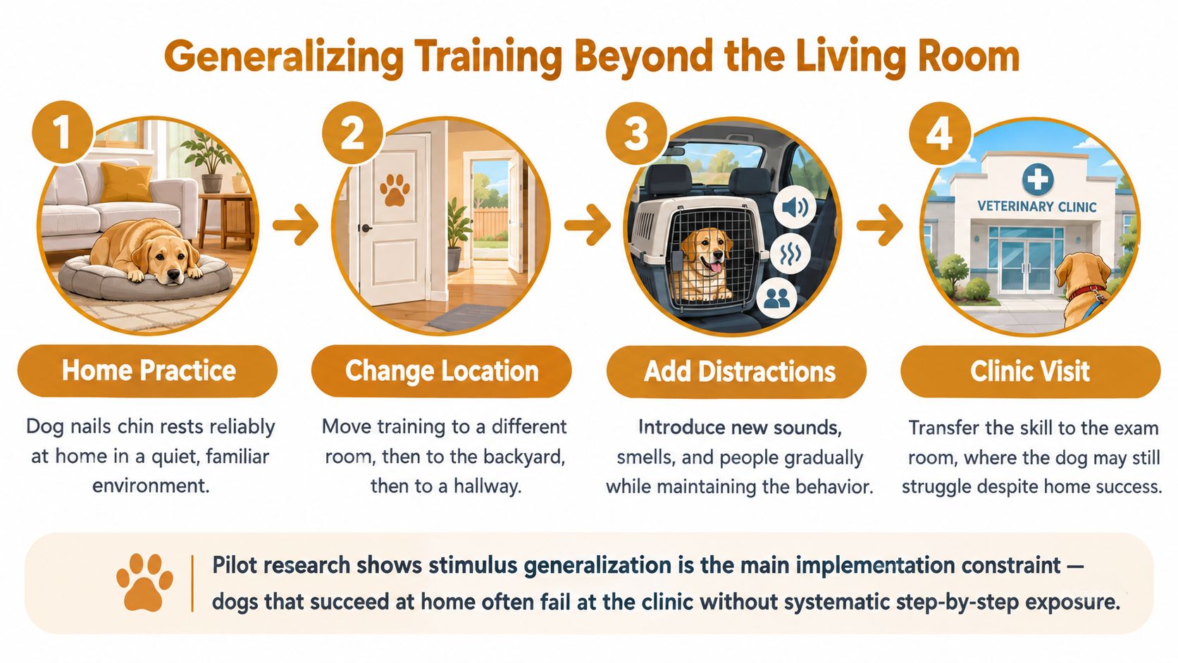 A four-step infographic showing how to generalize dog cooperative care training from home to a veterinary clinic.