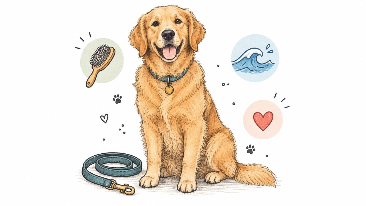 A friendly golden retriever dog sitting next to a leash, hairbrush, and icons of water and heart.