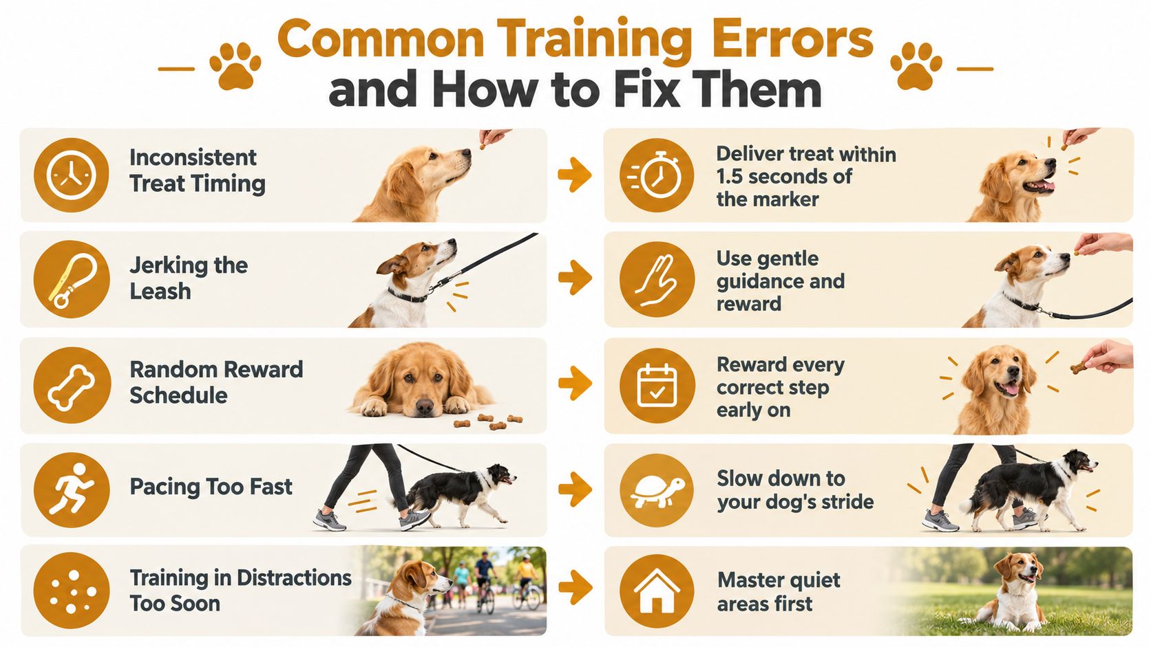 Un'infografica utile che descrive cinque errori comuni di addestramento del cane e le soluzioni efficaci per ogni errore.