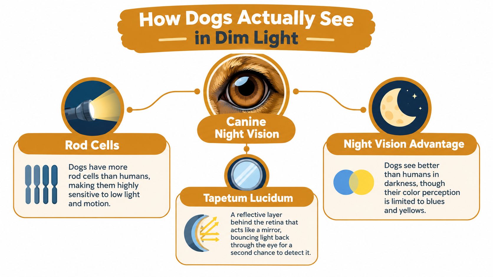 An infographic explaining how dogs see in dim light, highlighting rod cells, the tapetum lucidum, and night vision advantages.