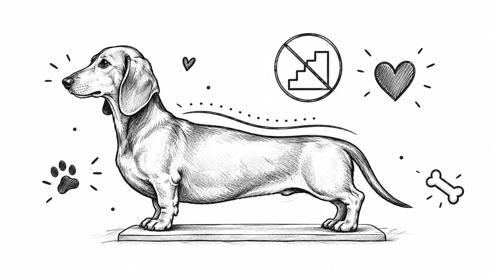 A black and white line drawing of a Dachshund emphasizing spinal health and warning against stairs.