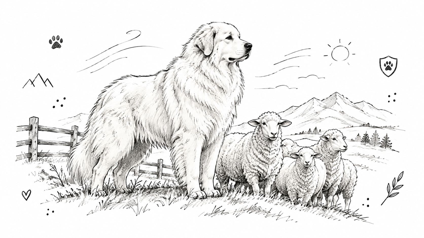 A line art drawing of a large fluffy white dog standing protectively over a small flock of sheep.