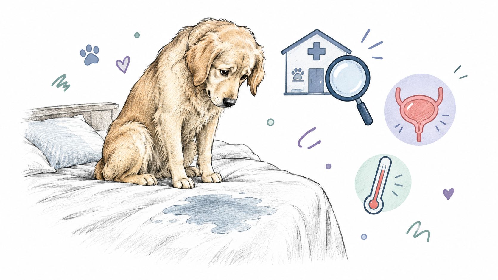 A sad golden retriever dog sits on a bed with a wet urine spot, symbolizing health issues.