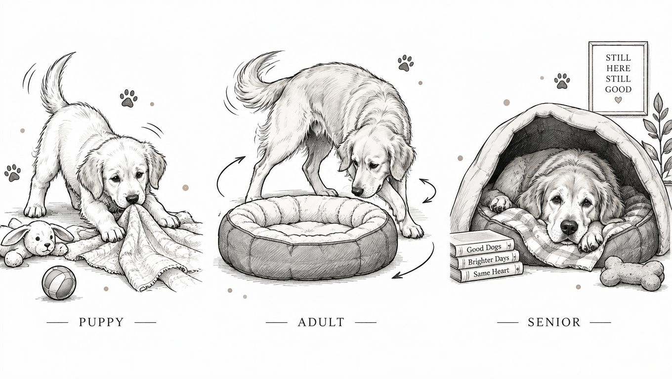 A pencil sketch illustrating the evolution of a dog's nesting behavior from puppyhood to adulthood and senior years.