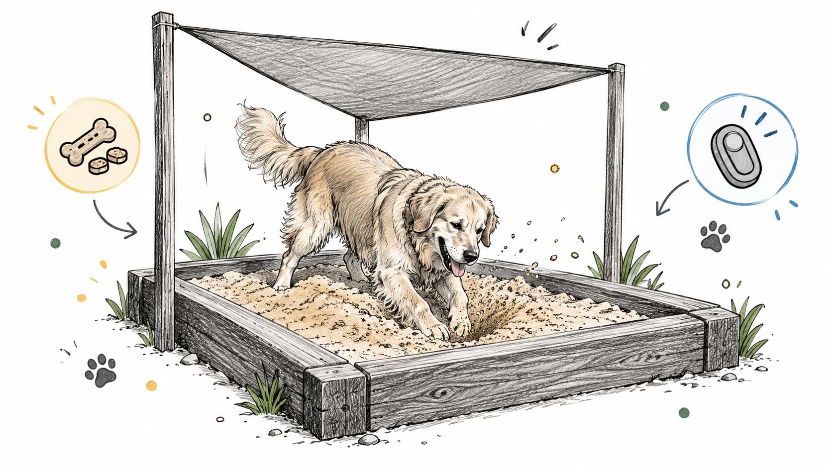 A golden retriever digging in a wooden sandbox under a canopy in a backyard setting.