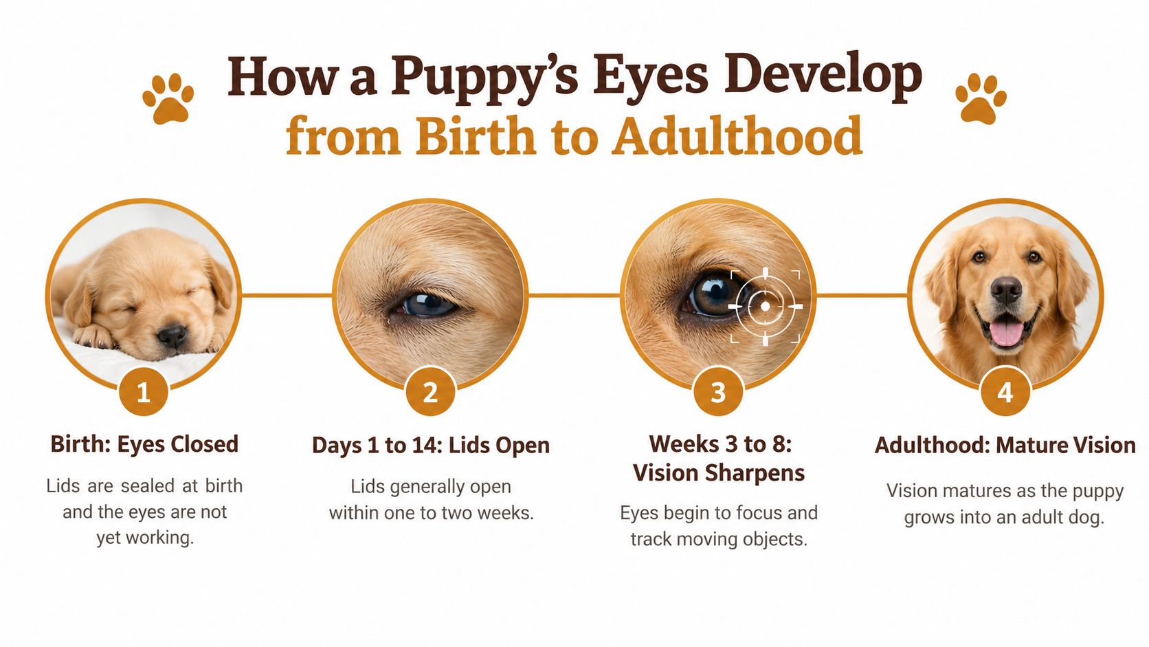 Un'infografica della timeline in quattro fasi che mostra lo sviluppo degli occhi di un cucciolo dalla nascita all'età adulta.