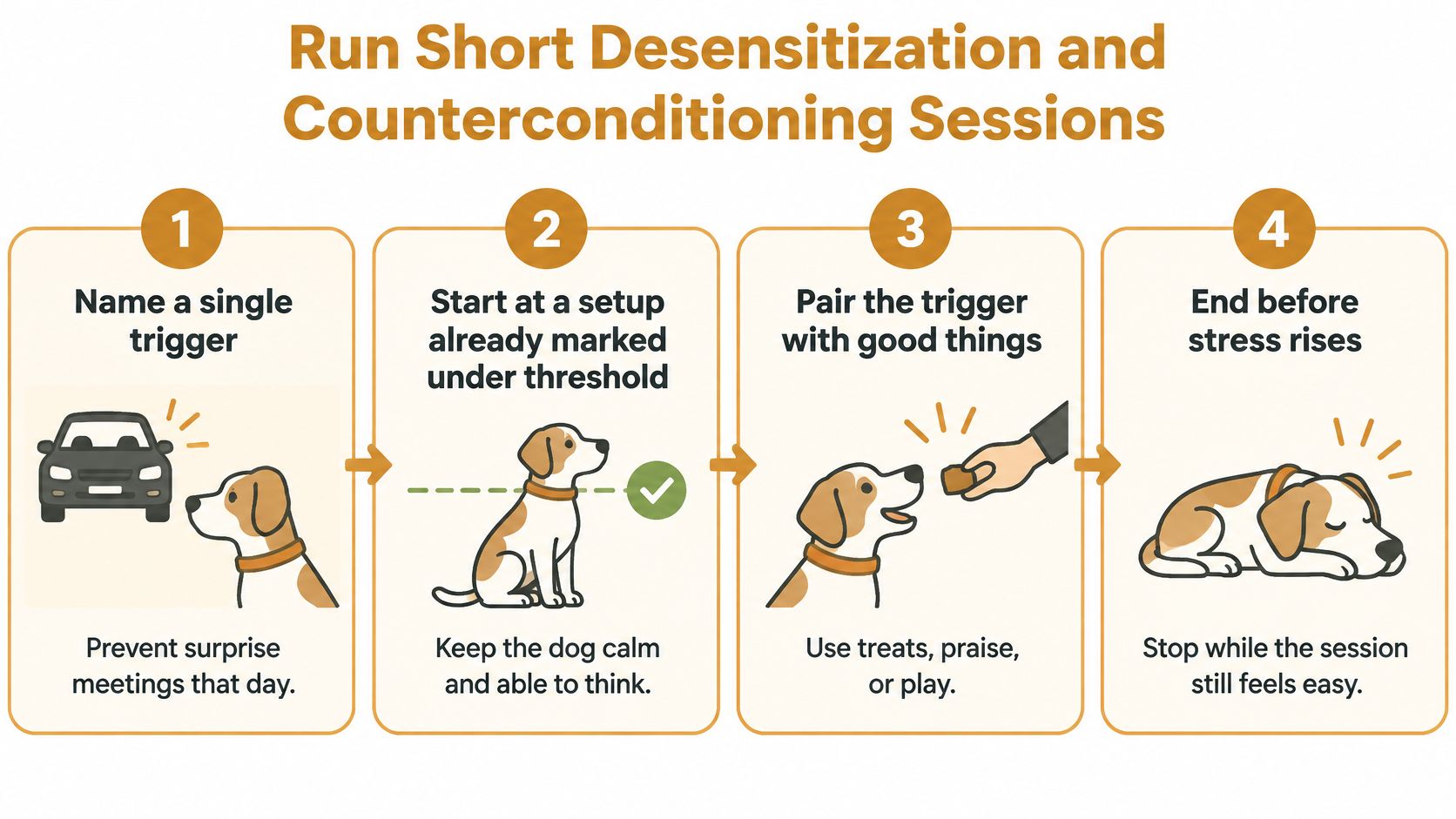 An infographic showing four steps to run short desensitization and counterconditioning sessions for a fearful dog.