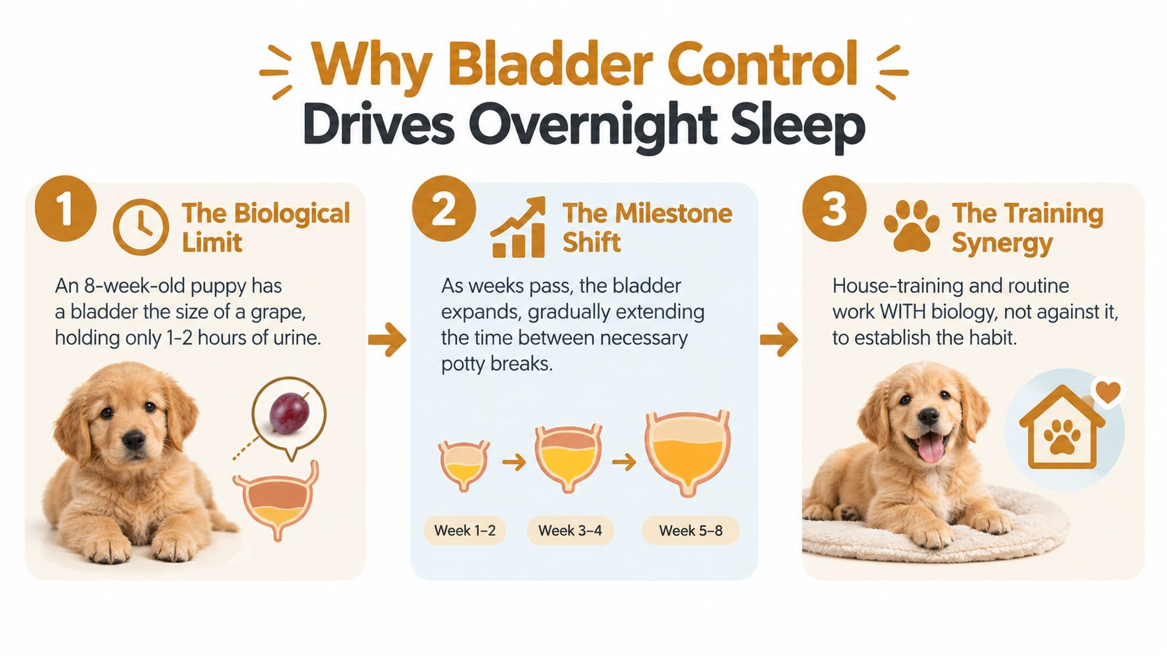 An infographic explaining how puppy bladder growth influences their ability to sleep through the night.