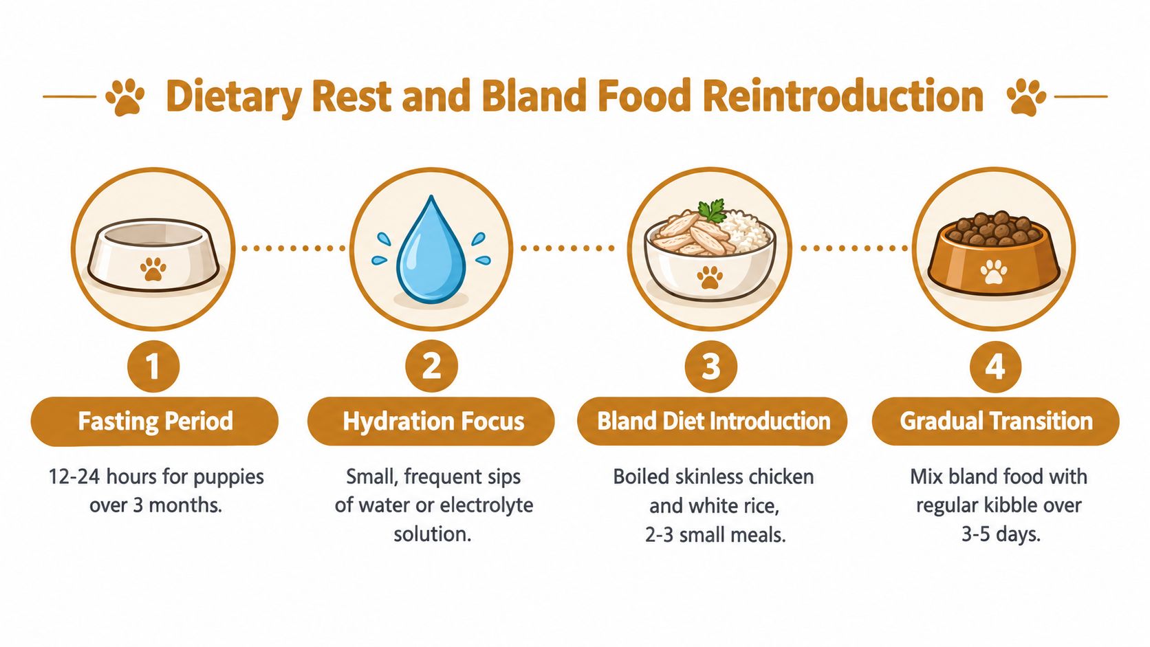 An infographic showing a four-step guide for pet dietary rest and bland food reintroduction after digestive issues.