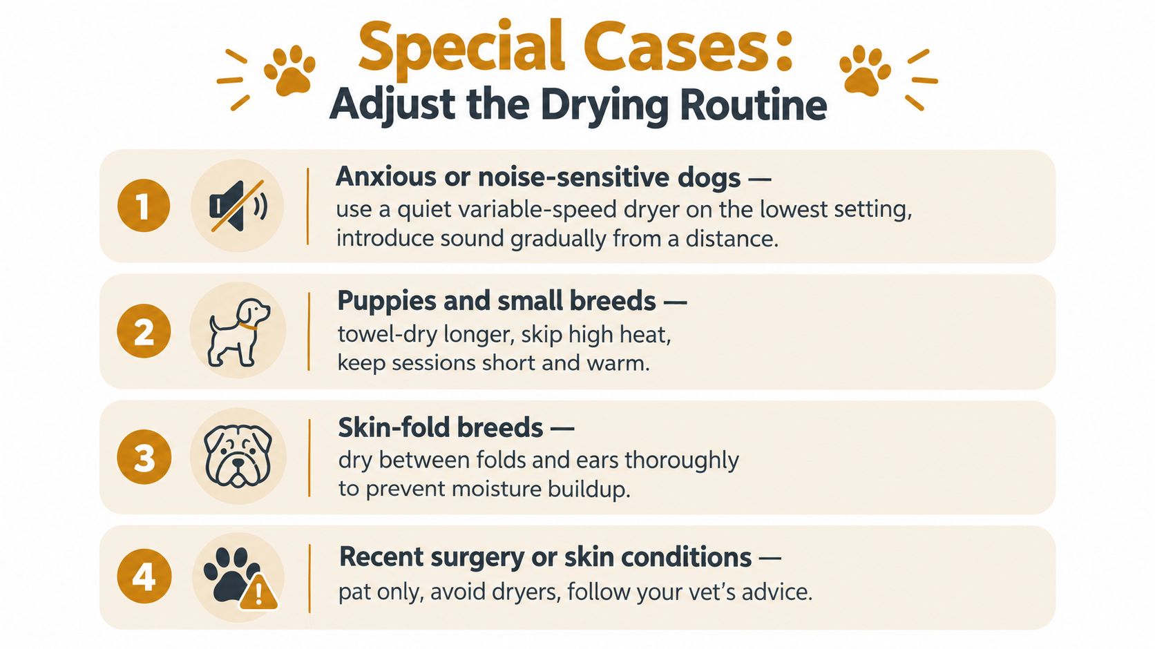 Un'infografica intitolata Casi speciali: Adattare la routine di asciugatura, che delinea i consigli di sicurezza per asciugare diversi tipi di cani.