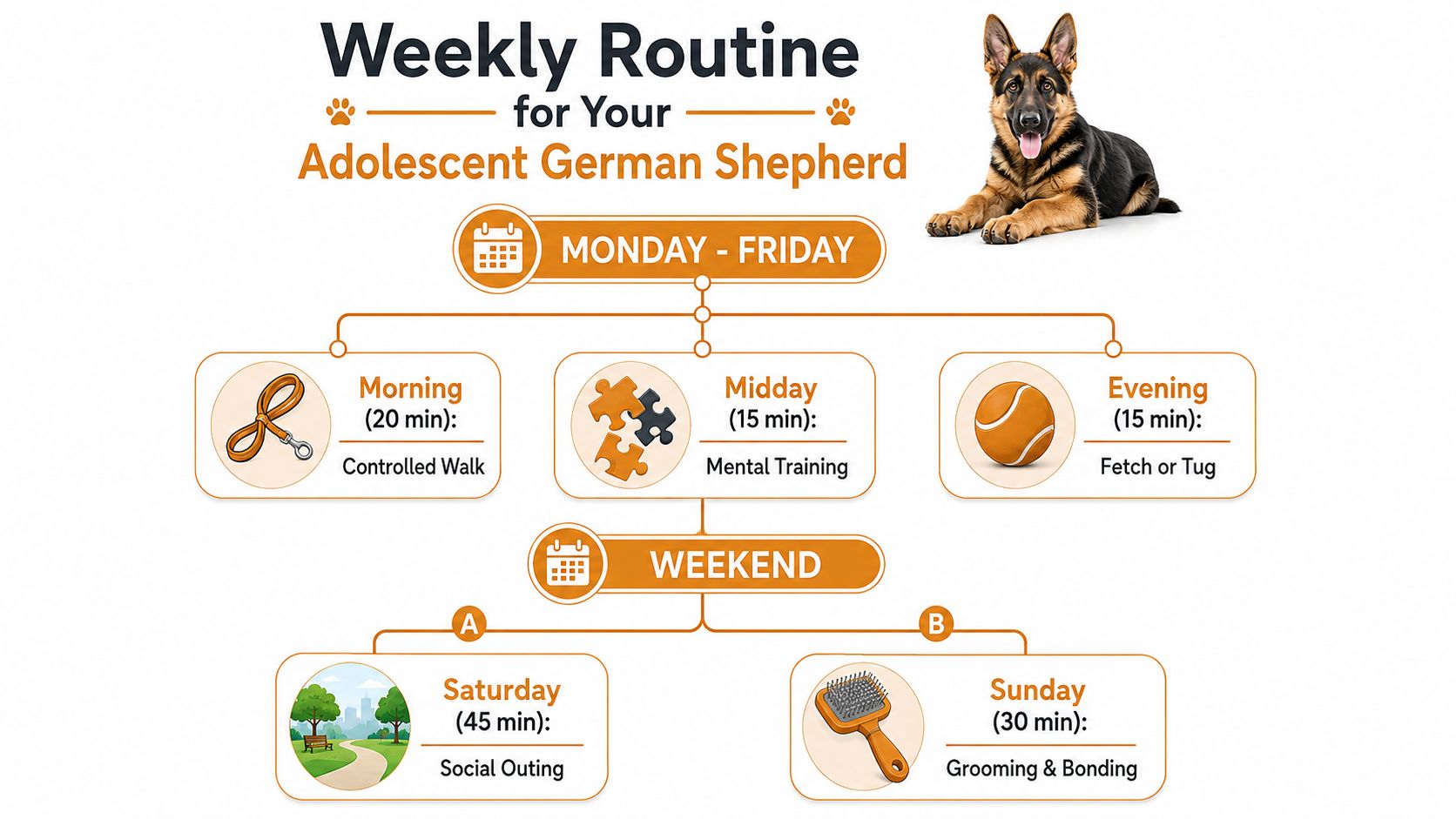 An illustrated weekly routine chart for an adolescent German Shepherd showing weekday and weekend exercise schedules.