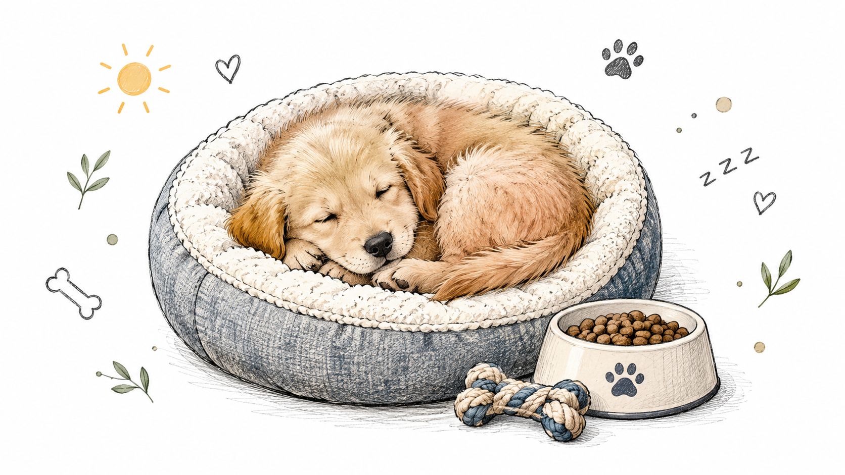 Un adorabile cucciolo golden retriever di tre mesi che dorme pacificamente su un letto per cani rotondo e morbido.
