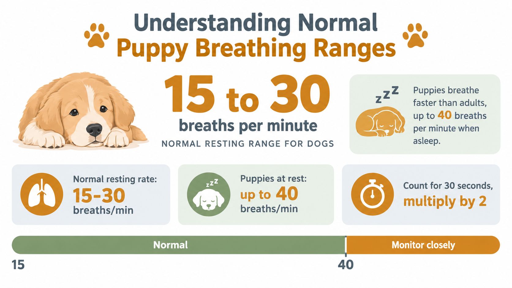An infographic showing the normal resting respiratory rates for puppies, ranging from 15 to 40 breaths per minute.
