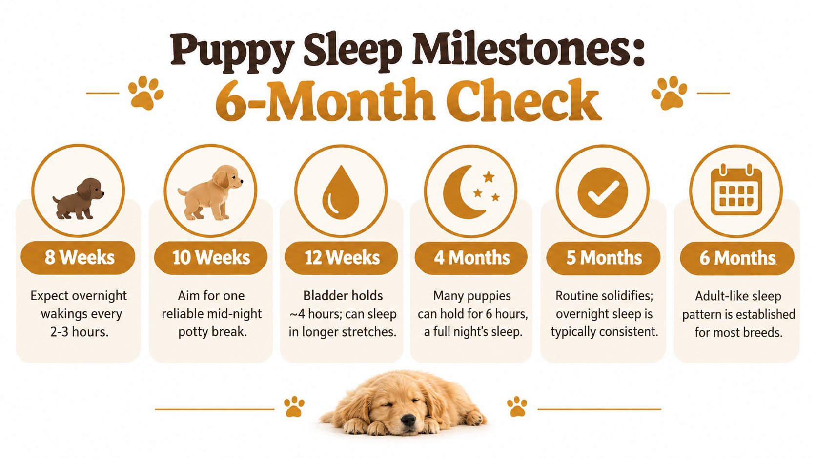 A timeline graphic showing puppy sleep milestones from 8 weeks to 6 months of age.