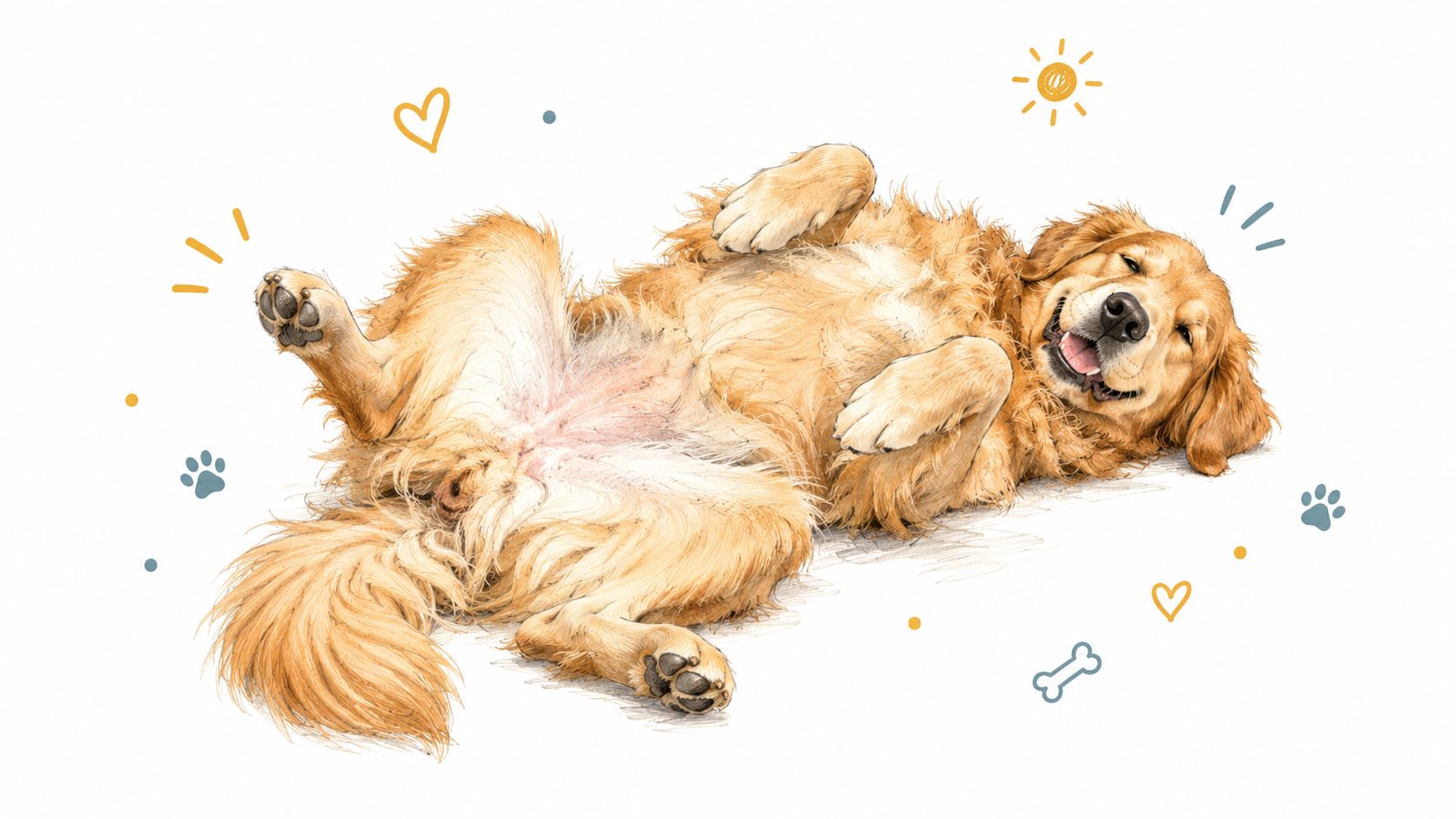 A happy golden retriever dog rolling on its back on a white background with cute doodles.