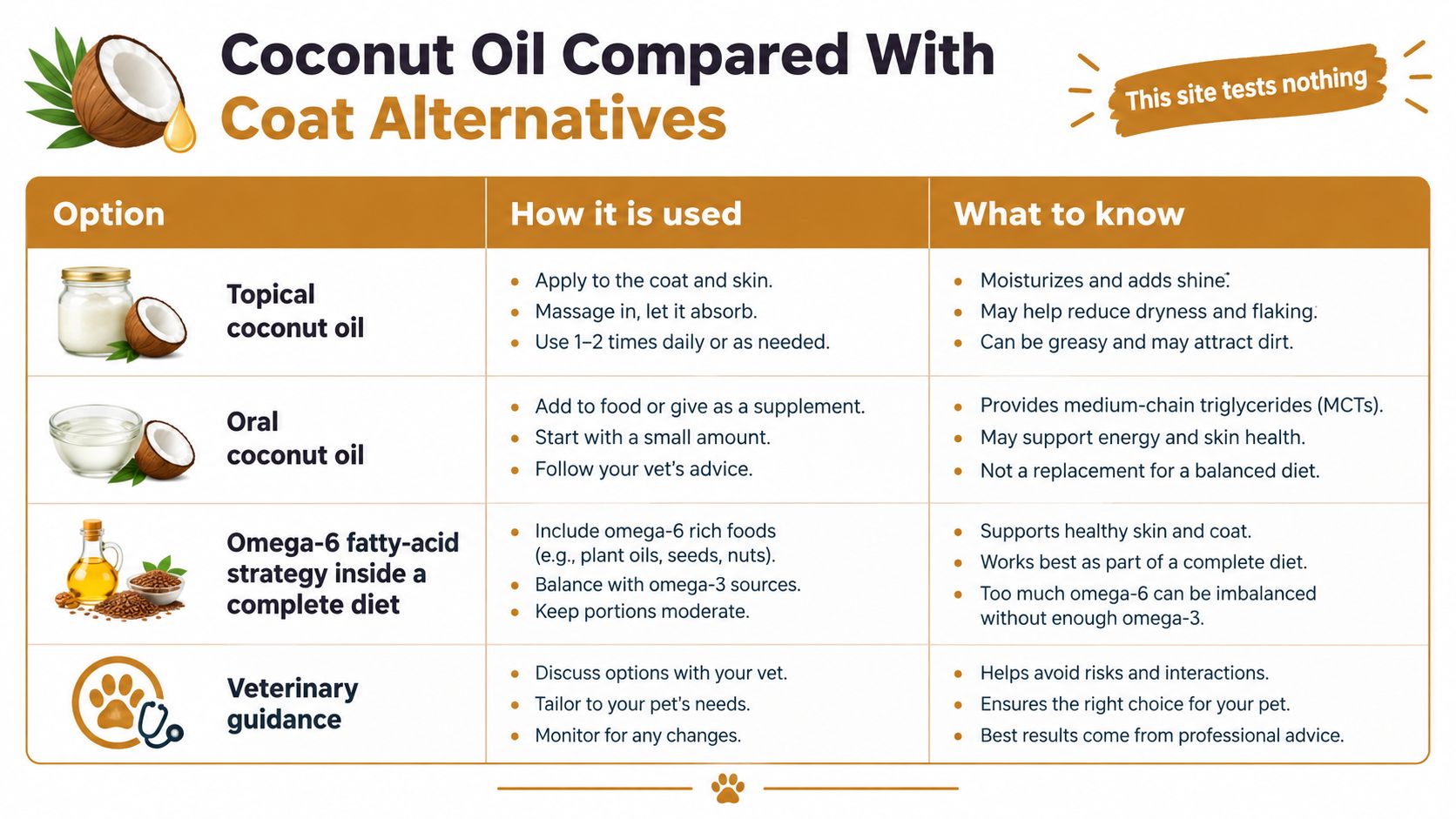 A comparison chart outlining the uses and benefits of coconut oil versus other coat care alternatives.
