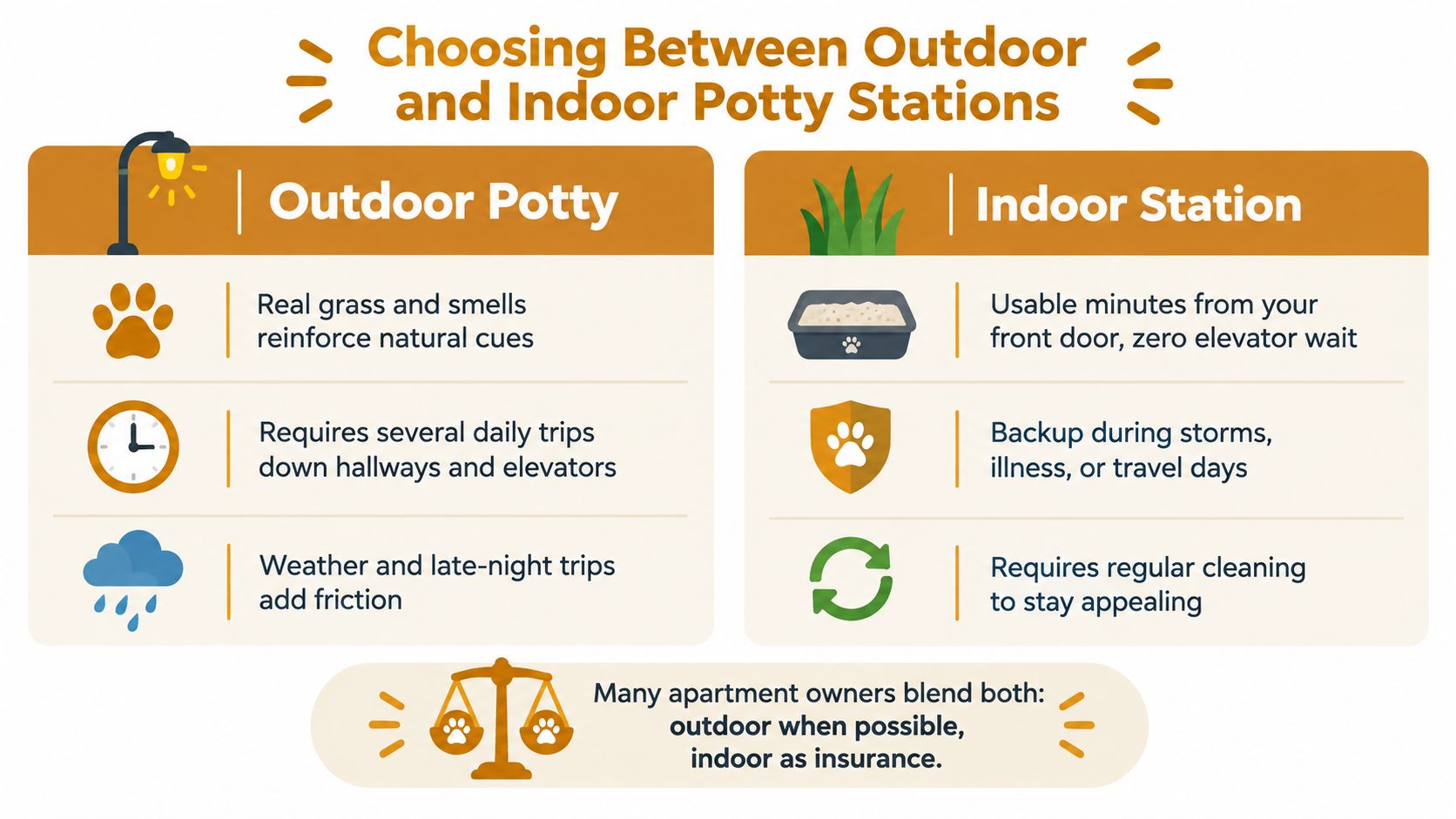 A comparison chart highlighting the benefits and drawbacks of using outdoor versus indoor potty stations for apartment dogs.